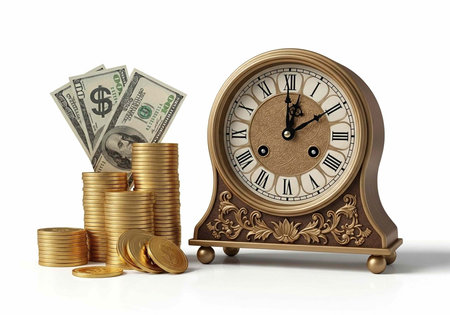 A luxurious gold clock and stacks of coins and money on a white background representing wealth and...