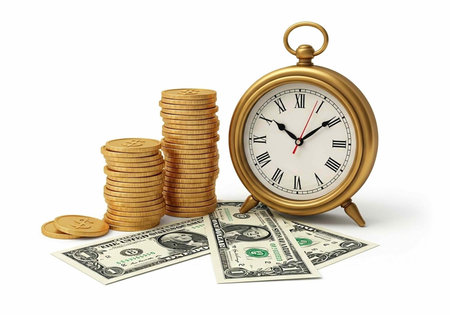 A gold pocket watch surrounded by stacks of coins and dollar bills on a white background.