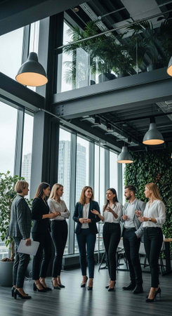 A group of business professionals networking and socializing in a modern office space with large...