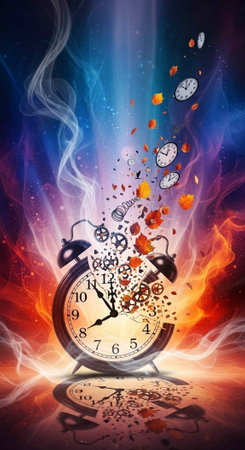 A surreal illustration of a clock exploding in a burst of colorful smoke and flames