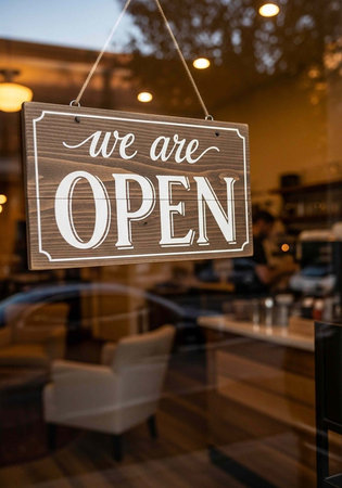 A sign hanging in a window that reads we are open in a modern business establishment