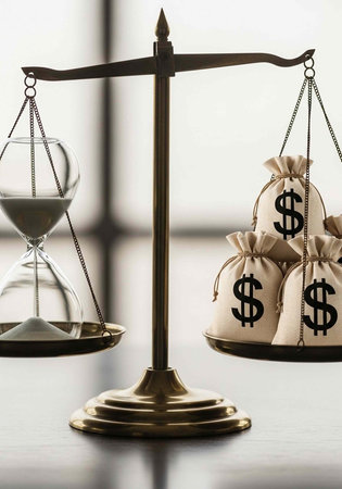 A scale balancing an hourglass and money bags, symbolizing the value of time and finance.