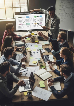 A group of business professionals gathered around a table discussing a product launch roadmap on a...