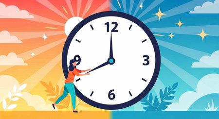 A cartoon woman pushing a large clock in a colorful sky with clouds and sun rays