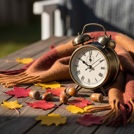 An antique alarm clock surrounded by autumn leaves and acorns on a wooden table with a scarf