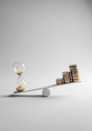 A seesaw balancing an hourglass and stacks of coins on a plain background