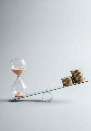 A glass seesaw balances an hourglass and stacks of coins on a plain background