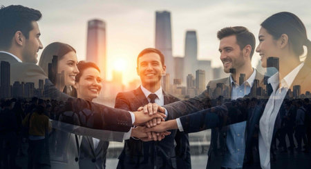 A group of business professionals stacking hands in a show of unity and teamwork with a city skyline...
