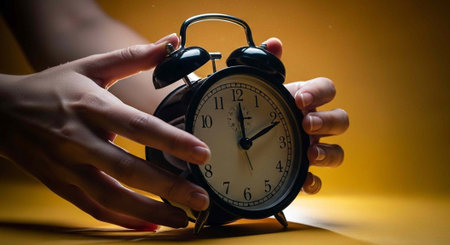 A person is holding an old-fashioned black alarm clock with a yellow background