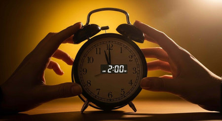 A person is silencing an alarm clock at 2:00 AM in a dark room with a yellow glow
