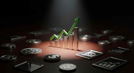 A 3D graph with a green arrow pointing upwards surrounded by coins and financial symbols on a dark...