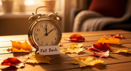 A cozy living room scene with an alarm clock and autumn leaves on a wooden table