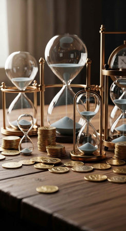 A collection of hourglasses and coins on a wooden table in a dimly lit room with a window