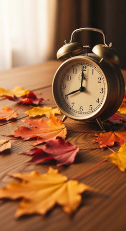 An alarm clock sits on a wooden table surrounded by colorful autumn leaves in a cozy indoor setting.