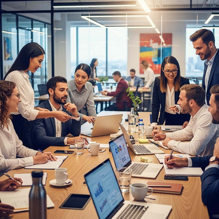 A group of diverse business professionals engaged in a meeting around a large wooden table in a...