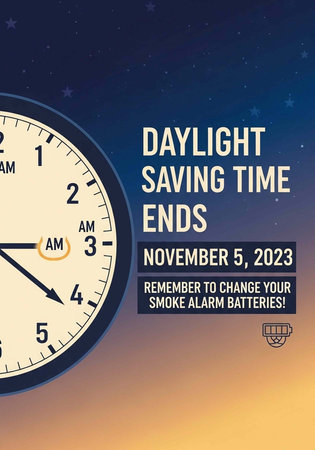 A clock set to change for daylight saving time ending on November 5, 2023, with a reminder to change...