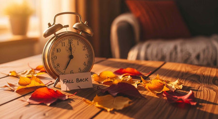 A cozy autumn scene with an alarm clock and fallen leaves on a wooden table indoors