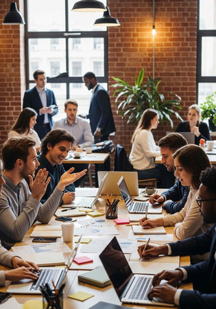 A group of diverse business professionals collaborating and working together in a modern office...