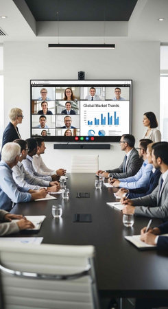 A group of business professionals engaged in a meeting with a virtual team on a large screen display