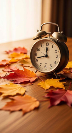 A brass alarm clock surrounded by colorful autumn leaves on a wooden table near a window