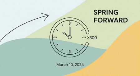 A colorful graphic illustration of a clock springing forward for daylight saving time on March 10,...