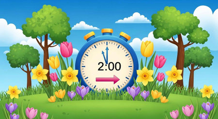 A colorful cartoon illustration of a stopwatch surrounded by vibrant flowers and trees in a serene...