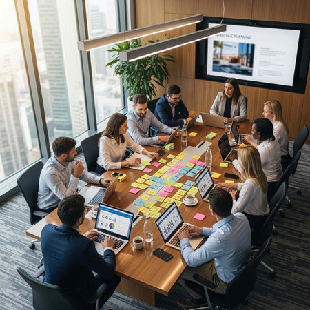A group of diverse business professionals engaged in a strategic planning meeting around a large...