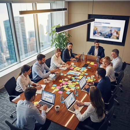A group of business professionals engaged in a strategic planning meeting in a modern office