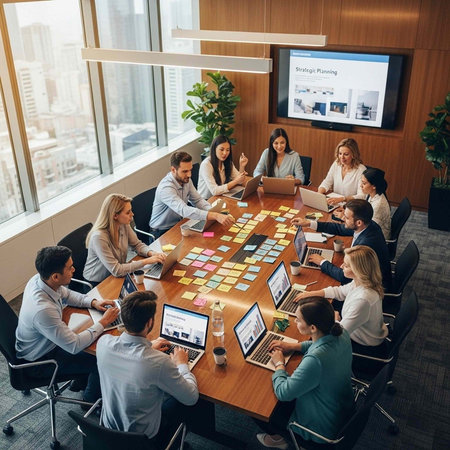 A group of diverse business professionals engaged in a meeting with laptops and sticky notes on a...