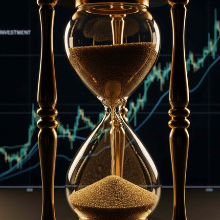 A close-up of an hourglass with sand flowing, set against a background of financial charts and...
