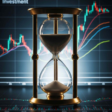 A gold hourglass sits in front of a colorful graph and chart display in the background.