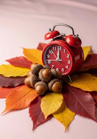 A red alarm clock surrounded by colorful autumn leaves and acorns on a white surface
