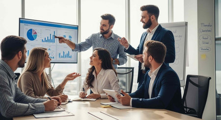A group of business professionals engaged in a meeting with a presentation on a screen