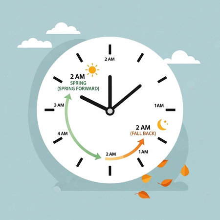 A clock illustrating daylight saving time with spring forward and fall back schedule