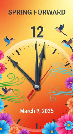 A colorful illustration of a clock with flowers and birds to represent the spring forward time...