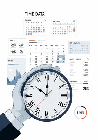 A hand holding a clock with various time management and data analysis graphs in the background.