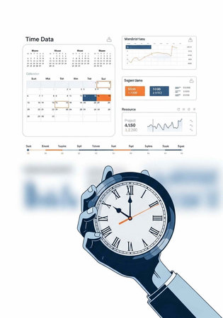 A hand holding a watch with various time data and graphs displayed in the background