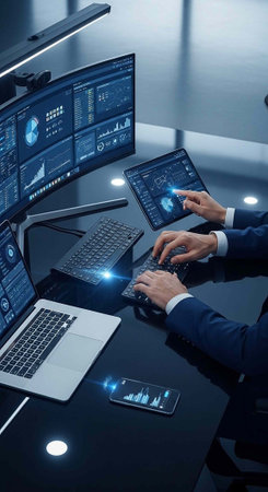 A businessman working on multiple devices in a modern office setting with various technology and...