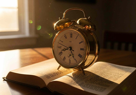 A vintage alarm clock sits on an open book on a wooden table by a sunny window.