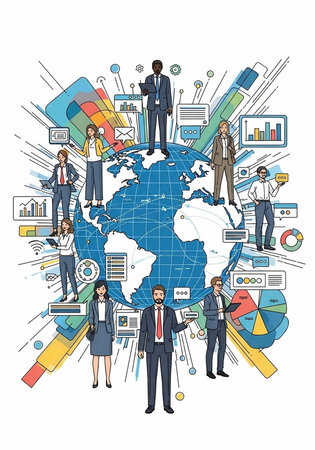 A group of business professionals standing on a globe surrounded by various charts and graphs