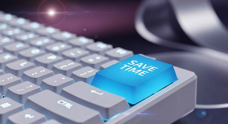 A close-up of a computer keyboard with a blue save time button highlighted in the center.