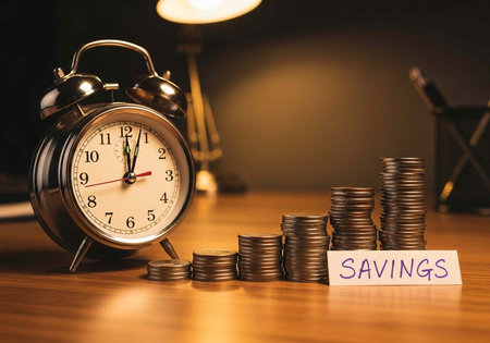 A clock and stacks of coins on a desk representing time and money management for savings