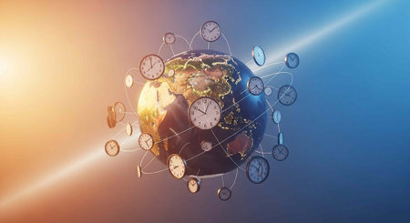 A globe surrounded by multiple clocks in a vibrant and dynamic representation of global time and...