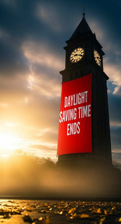 A clock tower with a Daylight Saving Time Ends sign at sunset