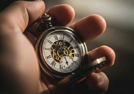 A person holding an open pocket watch with intricate mechanical details visible