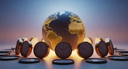 A globe surrounded by clocks and coins on a table with a colorful background