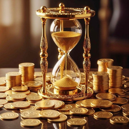 A luxurious gold hourglass surrounded by stacks of gold coins on a dark wooden table