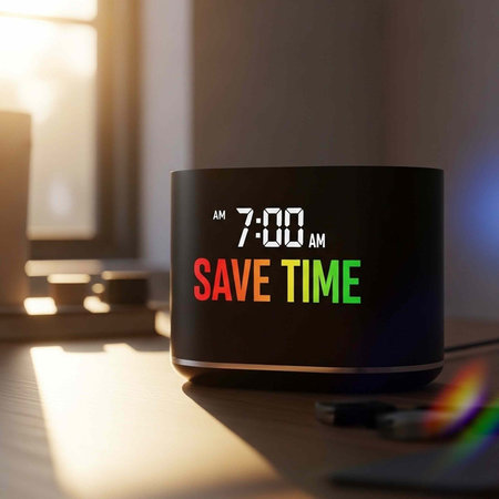 A modern digital alarm clock displaying the time and a motivational message on a wooden desk in a...