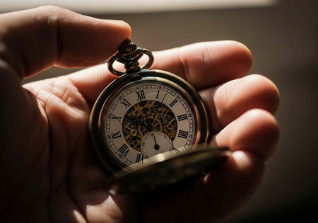 A person holding an open pocket watch in their hand with intricate mechanical details visible.