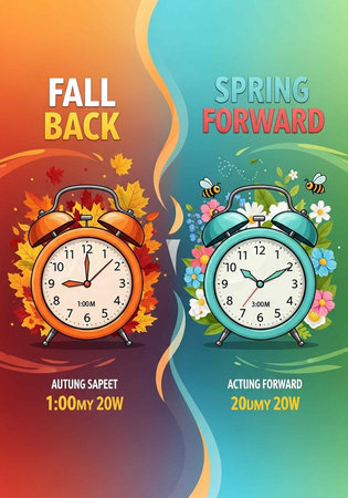 A colorful illustration of clocks and seasonal changes for daylight saving time